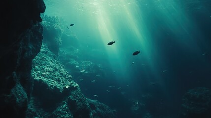 Fototapeta premium Mysterious underwater ocean scene with deep blue waters and sunlight rays