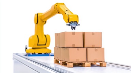 Industrial robotic arm handling cardboard boxes on a wooden pallet in modern warehouse setting