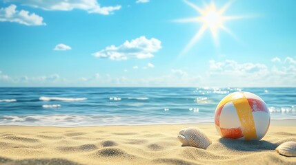 Obraz premium Beach scene with seashells ball and warm golden sunlight
