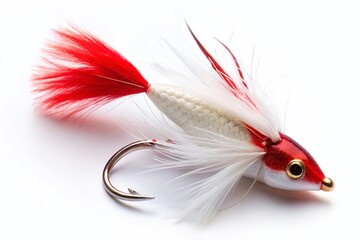 Red & White Feathered Fishing Lure, Isolated on White Background - Stock Photo