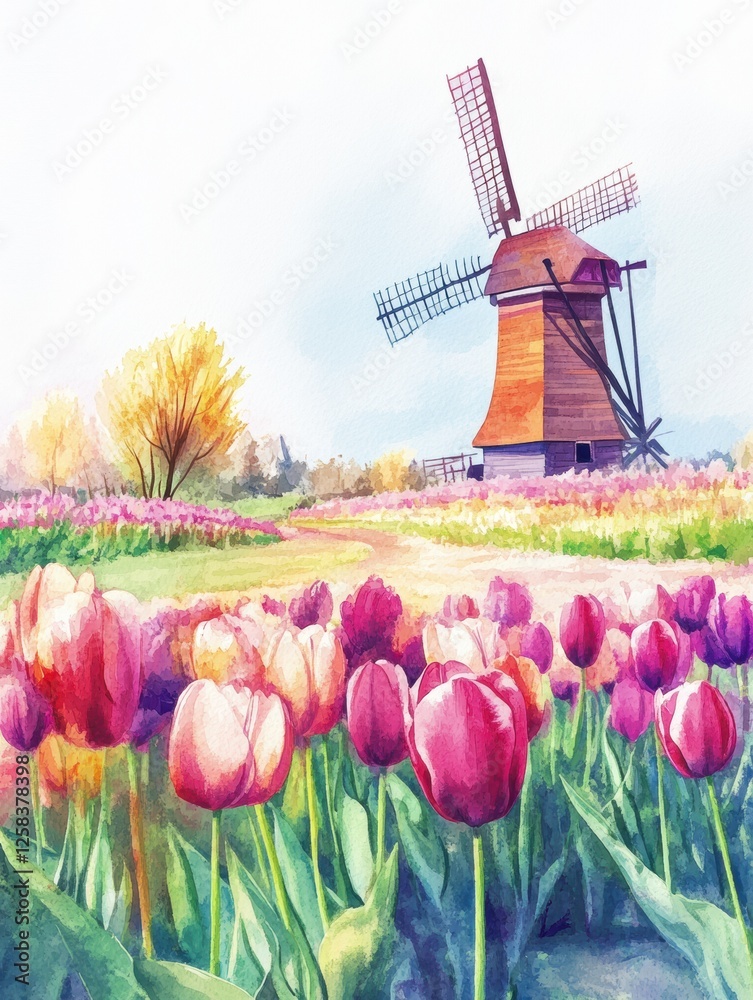 Poster Bright tulip fields with windmill in the background during vibrant spring bloom. Generative AI