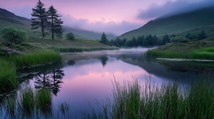 Serene sunrise over a calm lake reflecting the pastel sky and surrounding hills, with tall grass and trees on the banks.