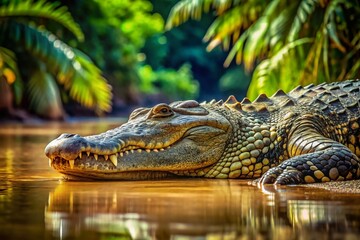 Fototapeta premium Relaxed Crocodile Resting on Riverbank, Wildlife Photography