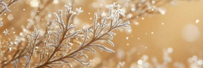 Frosty winter branches with snow falling on a blurred beige background.