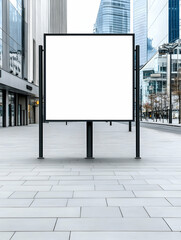 Blank billboard in urban center for advertising. Modern buildings in background. Possible commercial use