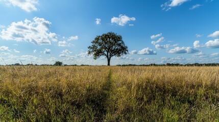 Vast sunlit meadow with lone tree beautiful landscape photography nature open space serene view tranquil concept