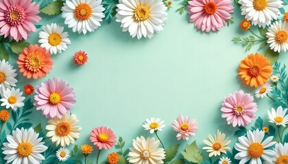 Fototapeta premium Daisy Flower Arrangement on Mint Background Floral Design Template
