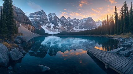 Sunrise over serene mountain lake with wooden dock, reflecting snow-capped peaks and vibrant sky.