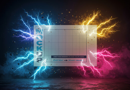 Horizontal Poster Page Mockup with Electric Colorful Rays Coming Out