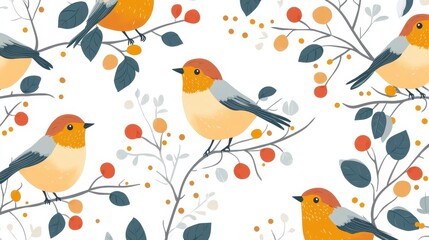 Delicate Birds Pattern on Branches with Berries for textile design