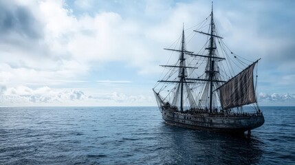 Obraz premium Majestic vintage sailing vessel navigates calm ocean waters maritime adventure serene atmosphere wide-angle view
