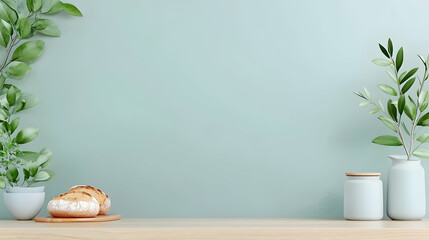 Bread and plants in a calm setting for blog headers, menus or social media posts, on a shelf