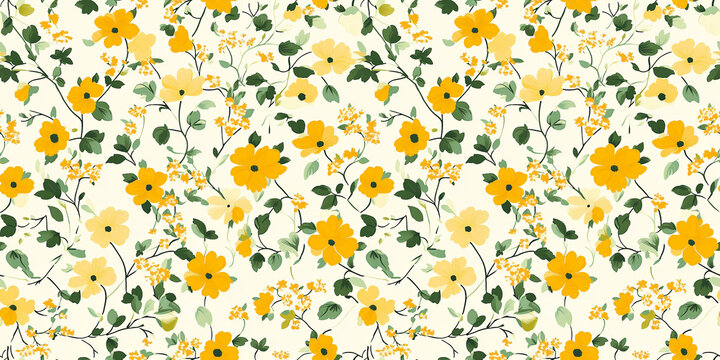 Floral seamless pattern. Cute background with small yellow meadow flowers, green leaves. Ditsy Liberty background. Cottagecore summer wallpapers. Hand-drawn style illustration. All-over repeat design