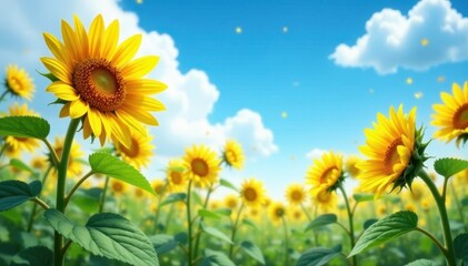 Obraz premium sunflowers stretching towards the sky with petals facing upwards, fields, sunflowers