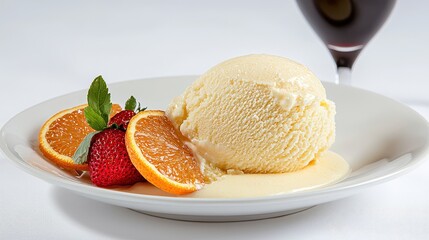 Creamy vanilla ice cream scoop with fresh orange slices and strawberries on white plate setting
