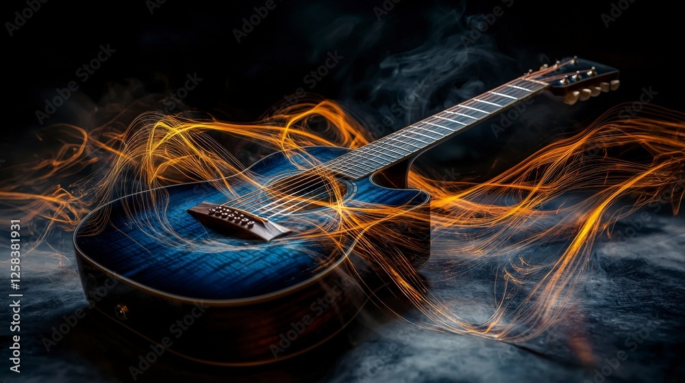 Poster guitar resonance studio abstract sound waves dark environment close-up creative expression