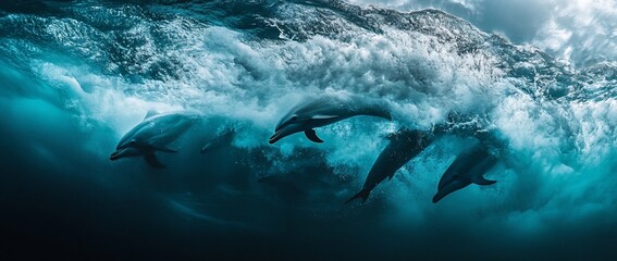 Naklejka premium Three dolphins swimming underwater, wave breaking above.