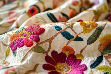 Fototapeta premium Highly detailed Indian hand-embroidered fabric, with colorful threads and fine textures that create a rich, decorative look.