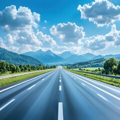 Fototapeta premium Scenic Highway Journey with Majestic Mountain Views and a Bright Blue Sky with Clouds