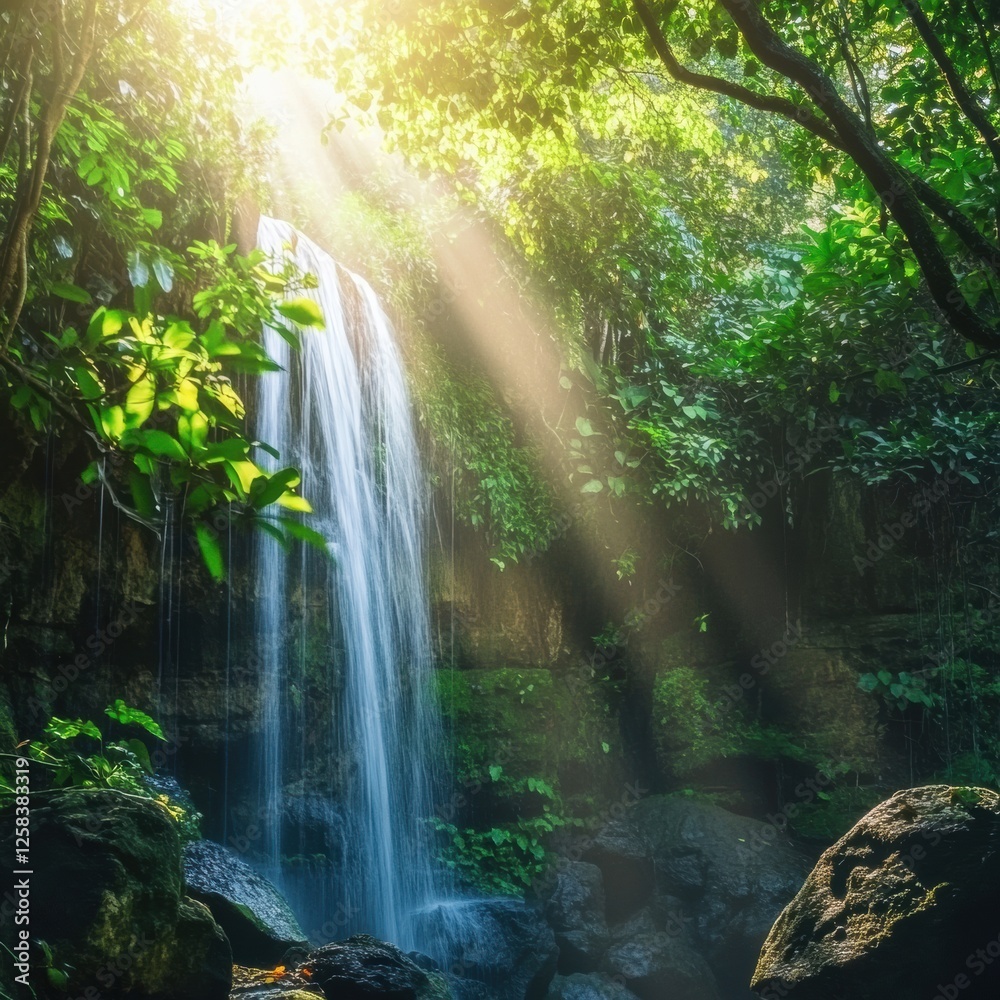 Fototapete serene waterfall surrounded by lush greenery and sunlight filtering through trees in a tropical fore