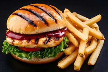Chicken burger with fries on dark surface. Perfect for menu or food blog
