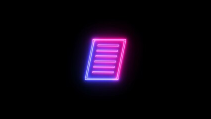 Neon file documents uploading icon 4k animation . Glowing blue and pink neon document sign.