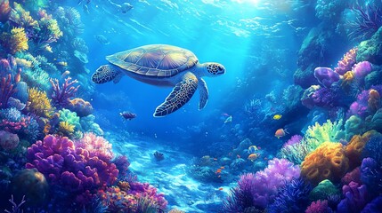 Obraz premium Sea turtle gracefully swims amidst vibrant coral reef, sunlit ocean.