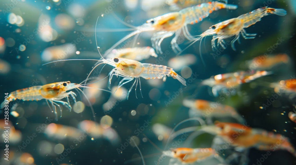 Poster a large group of shrimp navigate through clear ocean water, surrounded by bubbles and shimmering lig