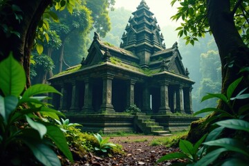 Fototapeta premium Mysterious and abandoned temple ruins amidst dense foliage covered in vines and exotic leaves, nature, jungle