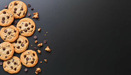 Chocolate chip cookies arranged on plain background for a food photography composition or blog header