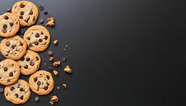 Chocolate chip cookies arranged on plain background for a food photography composition or blog header
