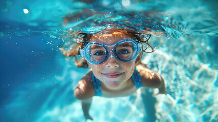 Naklejka premium A smiling young girl wearing swimming goggles enjoys underwater fun in a bright, sunlit sea. Snorkeling for children, fun on vacation.