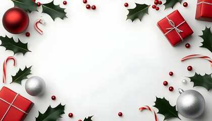 Christmas gifts, ornaments, and holly framing white space, ready for messages or cards