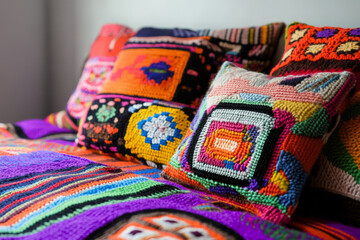 Fototapeta premium Highly detailed Peruvian hand-knitted woolen blanket, thick texture and vibrant, intricate patterns tell the story of tradition and craftsmanship.