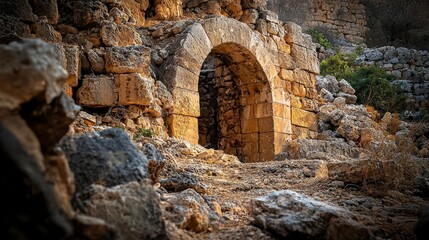 Archaeological discovery of lost civilization ruins ancient site historic location rocky terrain close-up view
