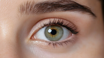 Obraz premium Close-up of an eye with a green iris and a blurred out skin background, showing human vision