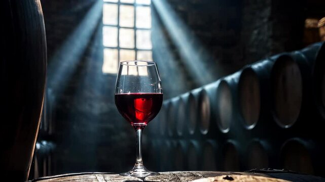 Red wine glass by an old window, rays of contre-jour light , inside a dark wine cellar, with rows of barrels.