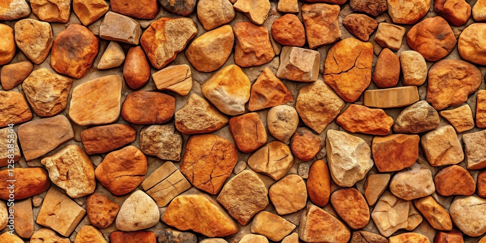 Poster rustic orange and brown stone wall texture background with uneven, rough-hewn rocks for design and c