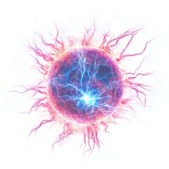 Electric energy ball with glowing, colorful plasma tendrils, white isolate background.