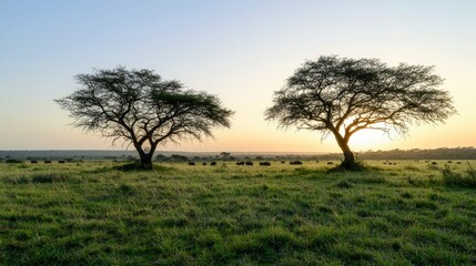 Golden hour serenity expansive savanna landscape with silhouetted trees nature’s beauty tranquil environment
