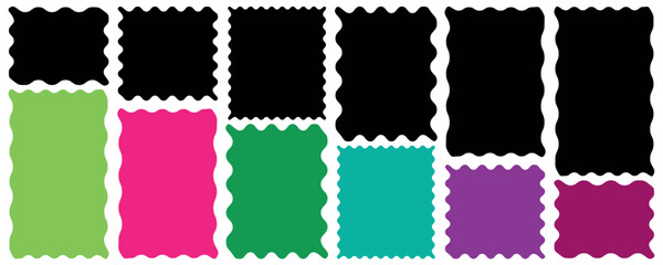 Zigzag, scallop edge, scalloped frame set. Geometric zig zag wavy stickers. Abstract zig zag edge rectangle shape collection. Black graphic design elements for decoration, banner, poster, template, st