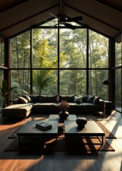 A modern living room with large windows overlooking a lush green forest featuring a sectional sofa and two coffee tables creating a serene and inviting atmosphere bamboo house background beautiful bam