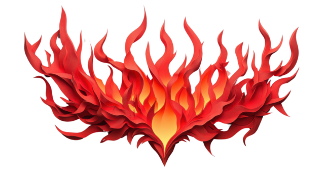 Burning paper flames creating a heart shape on transparent background