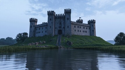 Majestic Medieval Castle Surrounded by Tranquil Water and Landscape