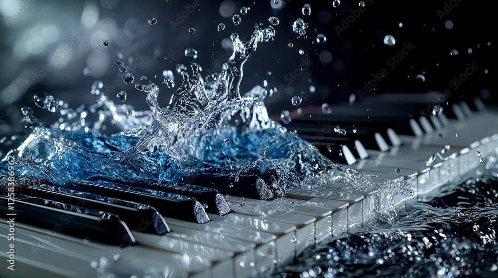 Poster water splashing on black and white piano keys close-up high-contrast musical environment dynamic con