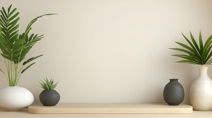 Cozy home interior scene with plants on a platform against a blank wall, for lifestyle design
