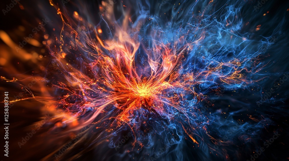 Aufkleber Dynamic firelight explosion abstract art digital creation dark background spectacular viewpoint vivid concepts