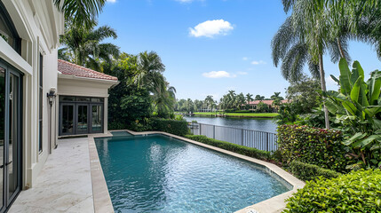 Fototapeta premium Luxury Waterfront Home with Pool and Lush Landscaping