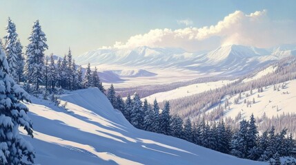 Majestic Winter Wonderland: Snow-Covered Mountains and Evergreen Forests