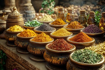Colorful spices at market stall, ancient setting